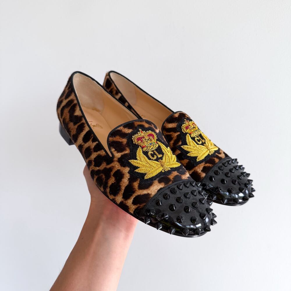 NEW Christian Louboutin Calf Hair Studded Gold Crest Loafers Brown Black 39.5